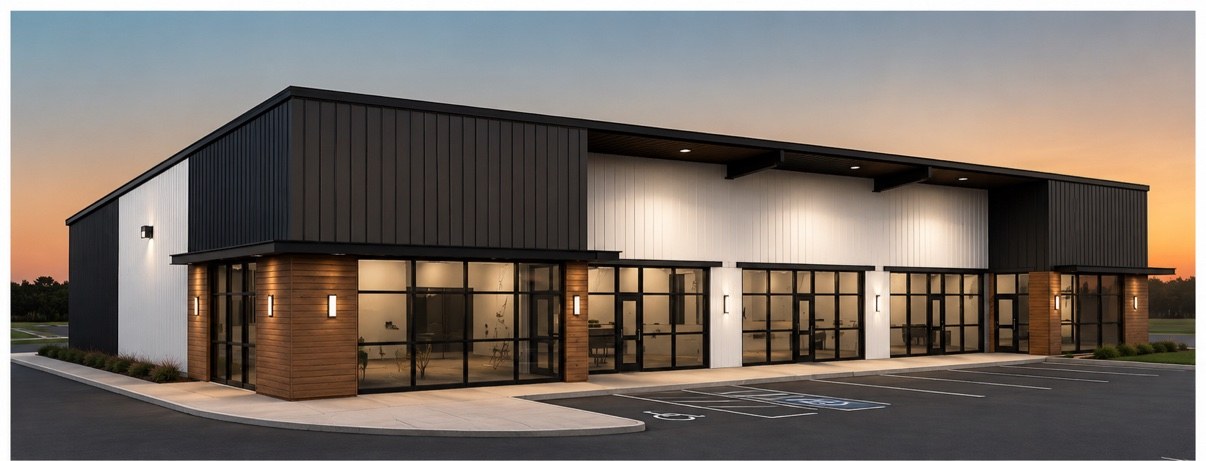 Conceptual rendering of proposed Building 1 — retail storefronts on Stahl Road