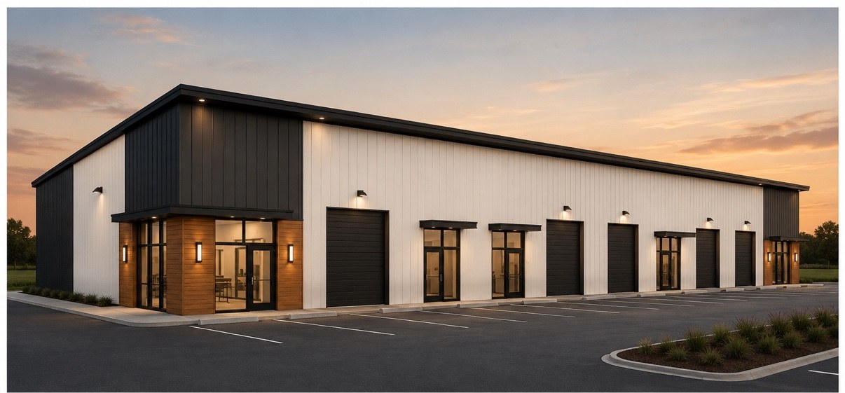 Conceptual rendering of proposed Building 3 — flex building with five overhead doors