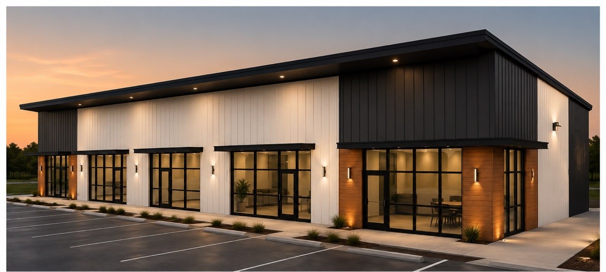 Conceptual rendering of proposed Building 4 — flex building at dusk