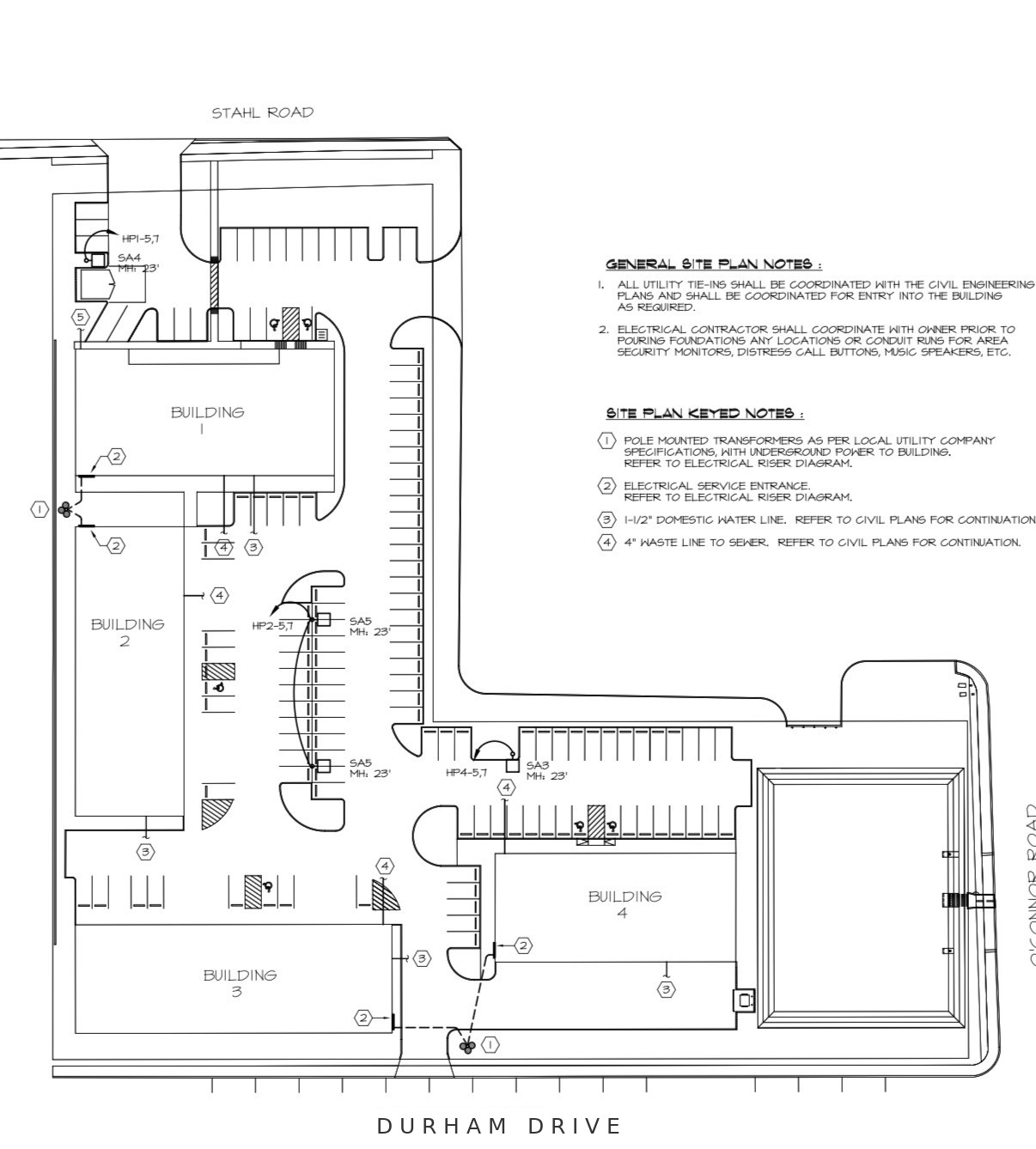 Stahl Builders Park conceptual site plan — proposed Buildings 1-4, parking, Stahl Road frontage, O'Connor Road and Durham Drive